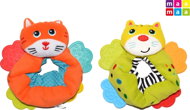 Textielen polsrammelaar met bijtringen MAAMAA, kat 12 cm