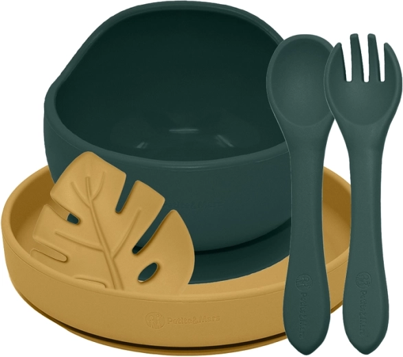 Siliconen eetset PETITE&MARS TAKE&MATCH, 4 stuks, Misty Green / Intense Ochre, vanaf 6 maanden