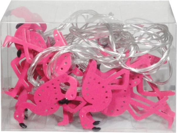 Gekleurde metalen lichtslinger in de vorm van flamingo’s