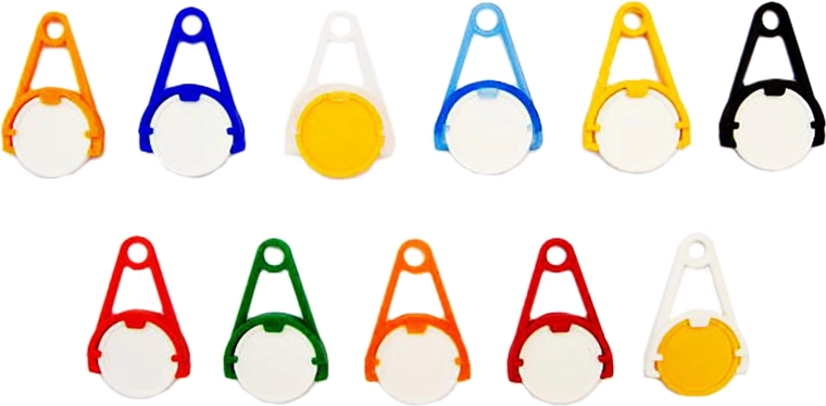 Sleutelhanger met muntje voor winkelwagen – mix van kleuren, 5 stuks