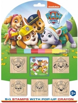 Set van houten stempels Paw Patrol 5+1 met kussen en krijtje