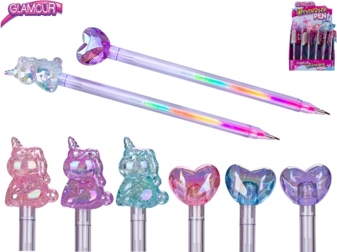 Glamour meerkleurige pen met hartjes- en eenhoornmotief