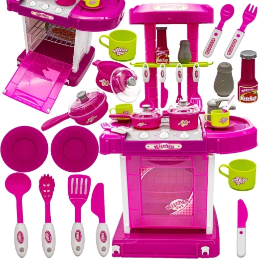 Roze kinderkeuken met oven, licht, geluiden en accessoires