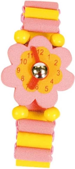 BINO houten kinderhorloge roze met bloemetje