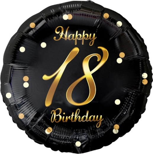 Folieballon Happy 18th Birthday, zwart met gouden opdruk