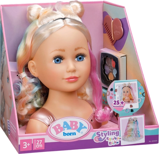 Baby Born kappershoofd regenboogblond met styling-set