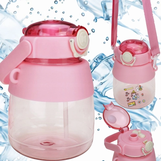 Kinderwaterfles met rietje en draagriem 1 l – roze