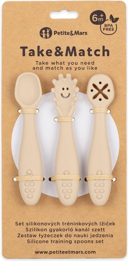 Petite&Mars set van 3 siliconen oefenlepeltjes Take&Match desert sand 6m+