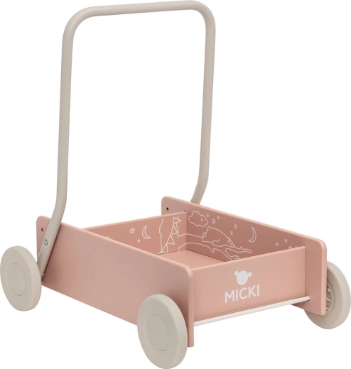 Micki roze houten loopwagen met speelgoedkar voor kinderen