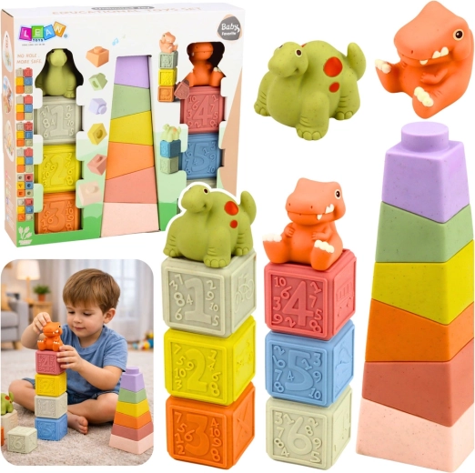 Zachte sensomotorische rubberen blokken en piramide met dinosaurussen, 14 stuks