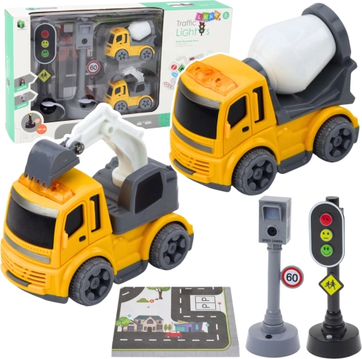 Kinderset verkeerslicht met flitspaal, speelmat en bouwvoertuigen met licht en geluid