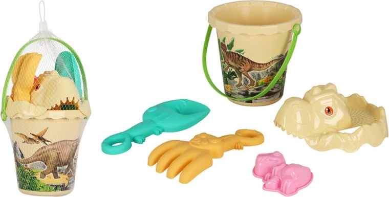 Kinderset voor in het zand Dino met emmer en accessoires