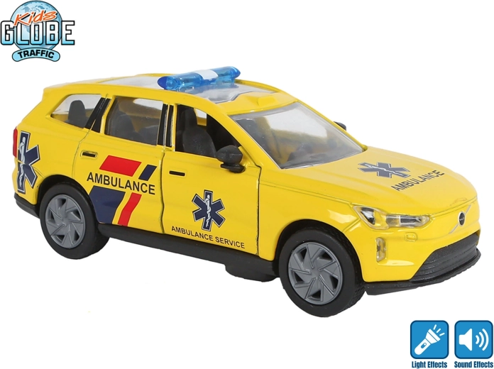 Kids Globe Traffic metalen ambulance Volvo EX90 met terugtrekmechanisme, licht en geluid 13,5 cm