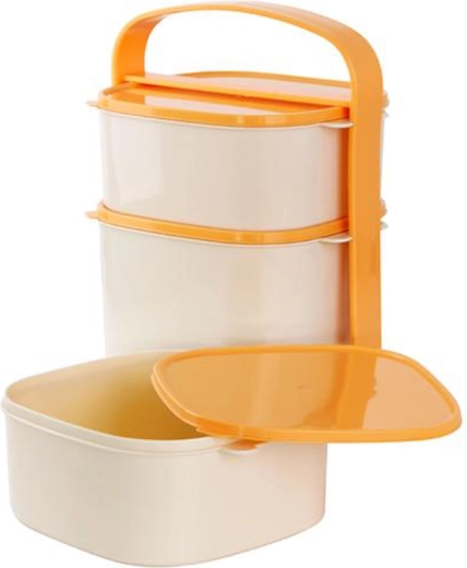 Kunststof driedelige foodcarrier 2×1 l + 2 l met mix van dekselkleuren