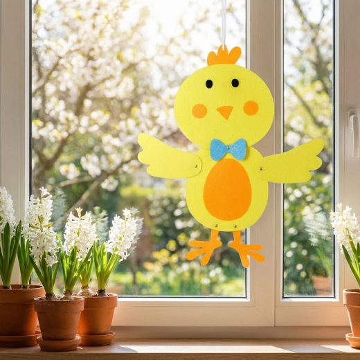 Paasdecoratie om op te hangen in de vorm van een vilten kuikentje
