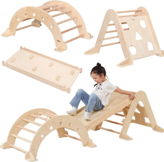 VIGA Montessori thuis-speelset 3-in-1: Pikler-driehoek, schommel en dubbelzijdige glijbaan