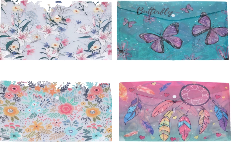 Plastic mapje met drukknoop 16,5 × 12 cm – mix van designs