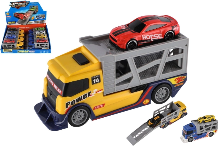 Kunststof vrachtwagen-transporteur met personenauto 15 cm, vrijloop, 2 kleuren