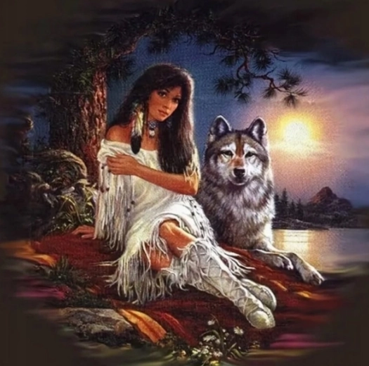 Schilderen op nummer Indiaanse vrouw met wolf 40 × 50 cm