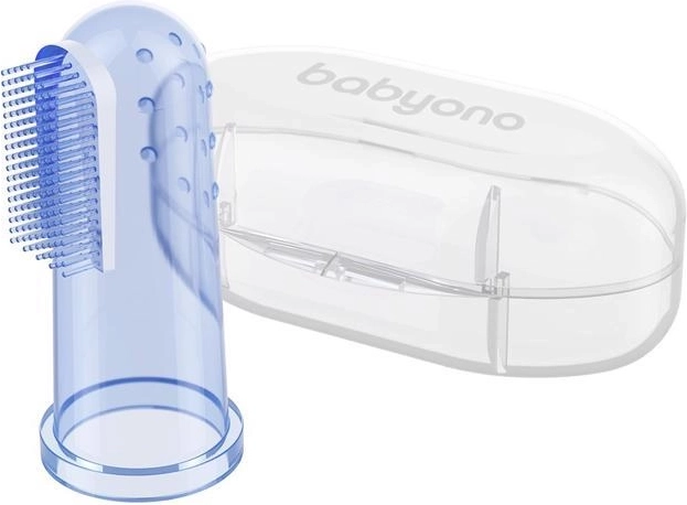 BabyOno siliconen vinger-tandenborstel met etui, blauw