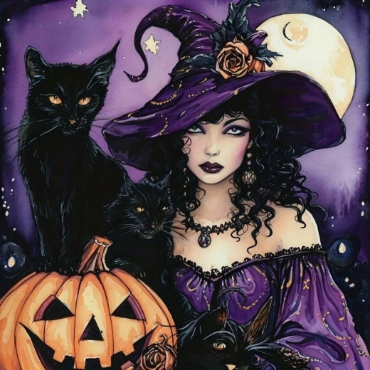 Diamantschilderen heks met zwarte kat en pompoen 30 × 40 cm