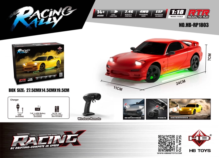 RC-driftauto TurboSlide 1:18 met verlichting, rood