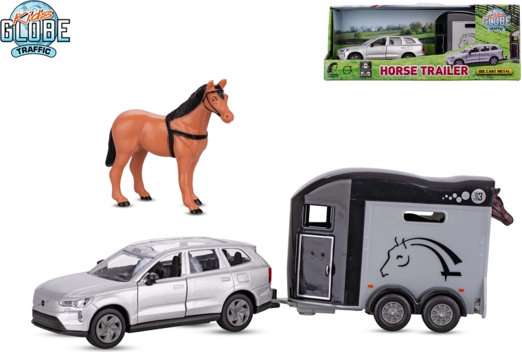 Kids Globe Traffic VOLVO EX90 met paardenaanhanger, metalen model 28 cm