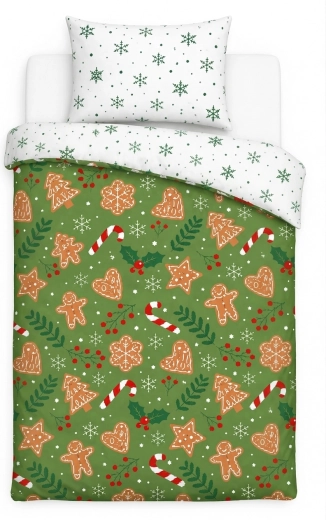 Kerstbeddengoed Holly Jolly met groene peperkoekjes en sneeuwvlokken 140 × 200 cm