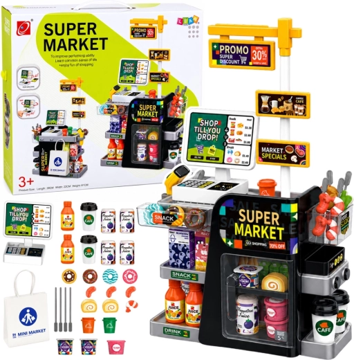 Kinder-supermarkt met kassa, scanner en drankdispenser (65 onderdelen)