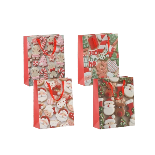 Kerstcadeautasjes met koekjesmotief 18 × 24 × 8 cm, rode linten, set van 12 stuks