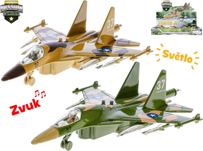 Mission Control militair vliegtuig 19 cm met terugtrekmechanisme, licht en geluid