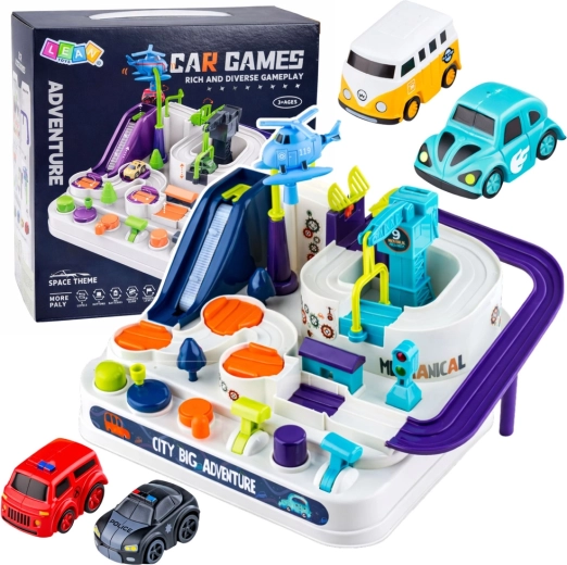 Interactieve stedelijke hindernisbaan met parkeerplaats en 4 autootjes