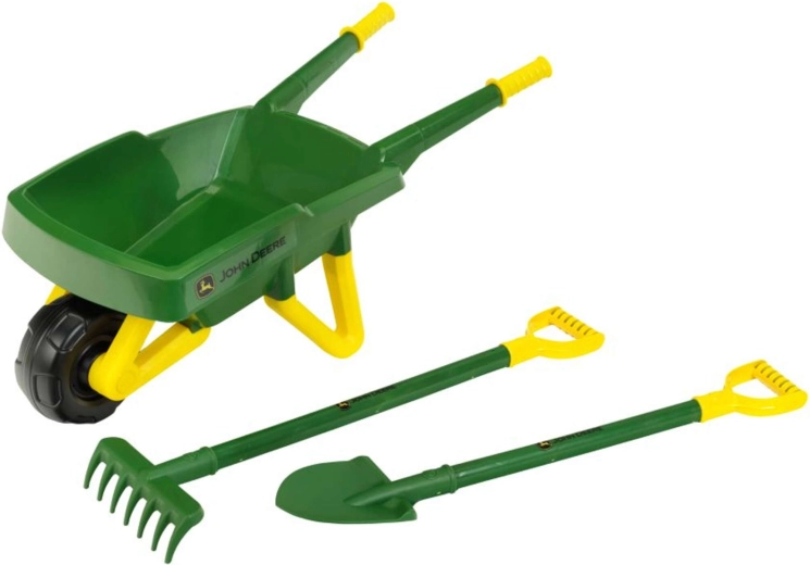 John Deere kinderset voor in de tuin met kruiwagen, schep en hark