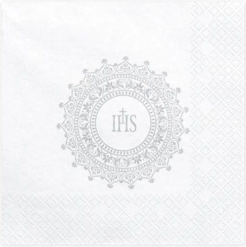 Communieservetten IHS wit-zilver 33 × 33 cm 20 stuks