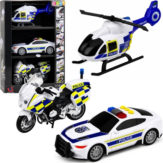 Set politievoertuigen met helikopter, auto en motor met licht- en geluidseffecten 1:32