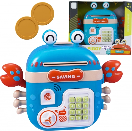 Elektronische spaarpot in krabvorm met PIN-kluis – WOOPIE, blauw