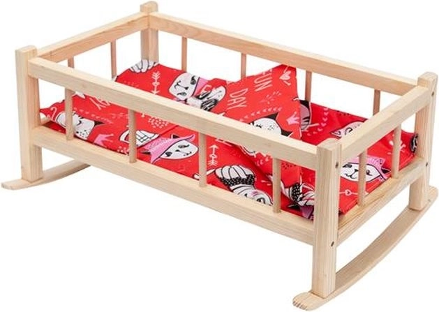 Houten middelgrote wieg voor poppen met beddengoed