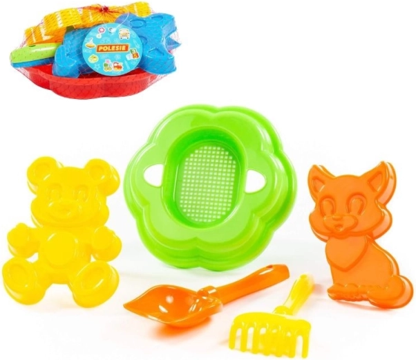 Zandset met groot zeef en vormpjes