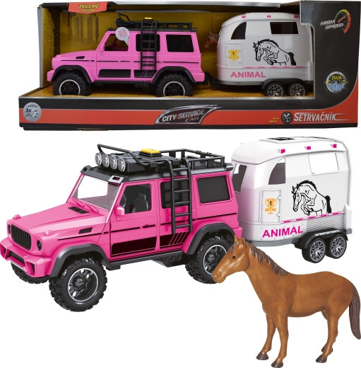 Roze terreinwagen met aanhanger en paard 1:14 met licht en geluid