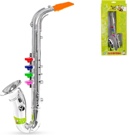 Kindersaxofoon 38 cm – zilverkleurig kunststof instrument met 4 gekleurde kleppen