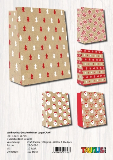 Kerstcadeautasjes van kraftpapier, groot - 10 stuks, 5 motieven