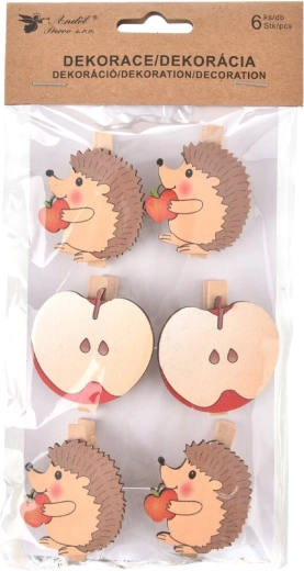 Decoratieve houten knijpertjes egel en appel 6 stuks 4 cm