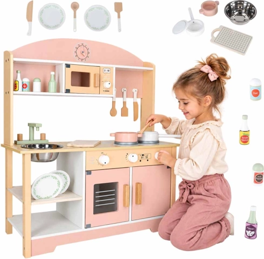 Houten kinderkeuken Modern Classic met accessoires, roze