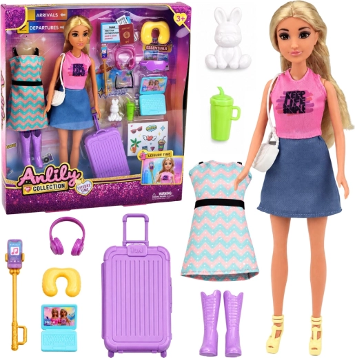 Anlily reizigster – modepop met koffer en reisaccessoires 30 cm