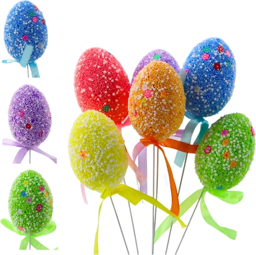 Paaseitjes aan draad kleurrijk met witte patronen en lint 6 stuks