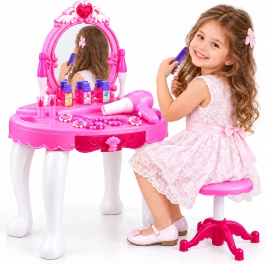 Kinderkaptafel met LED-spiegel, krukje en accessoires