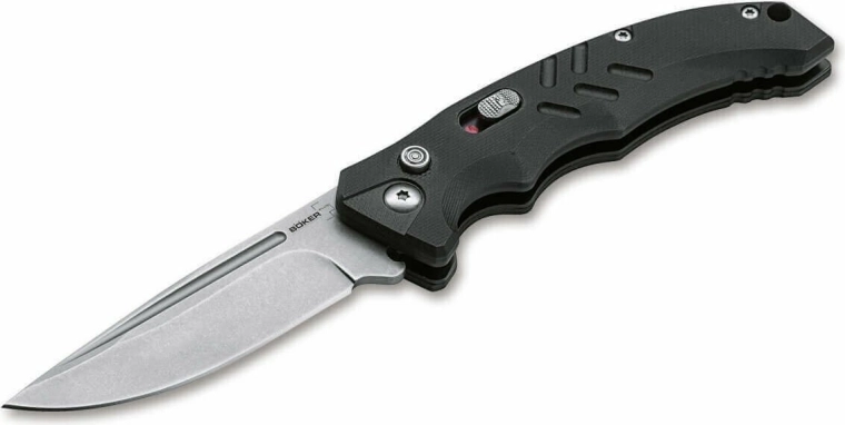 Böker Plus Intention II Black automatisch tactisch mes 8 cm met stonewash-afwerking en G10-handgreep