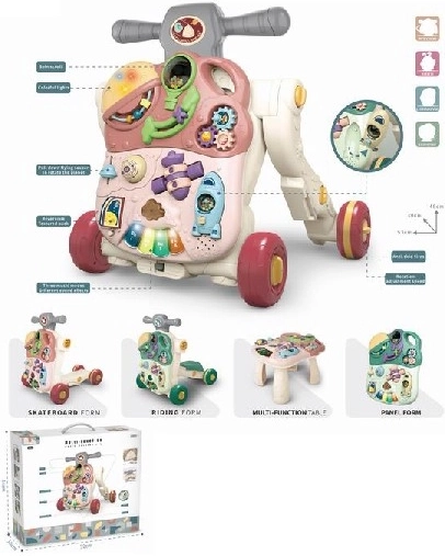 Houten roze loopwagentje voor kinderen met interactieve activiteiten