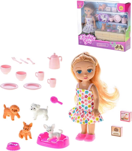 Speelset met pop van 16 cm, hondjes en servies – 1 stuk