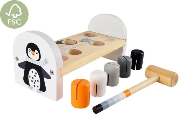 Houten hamertafel met pinguïn